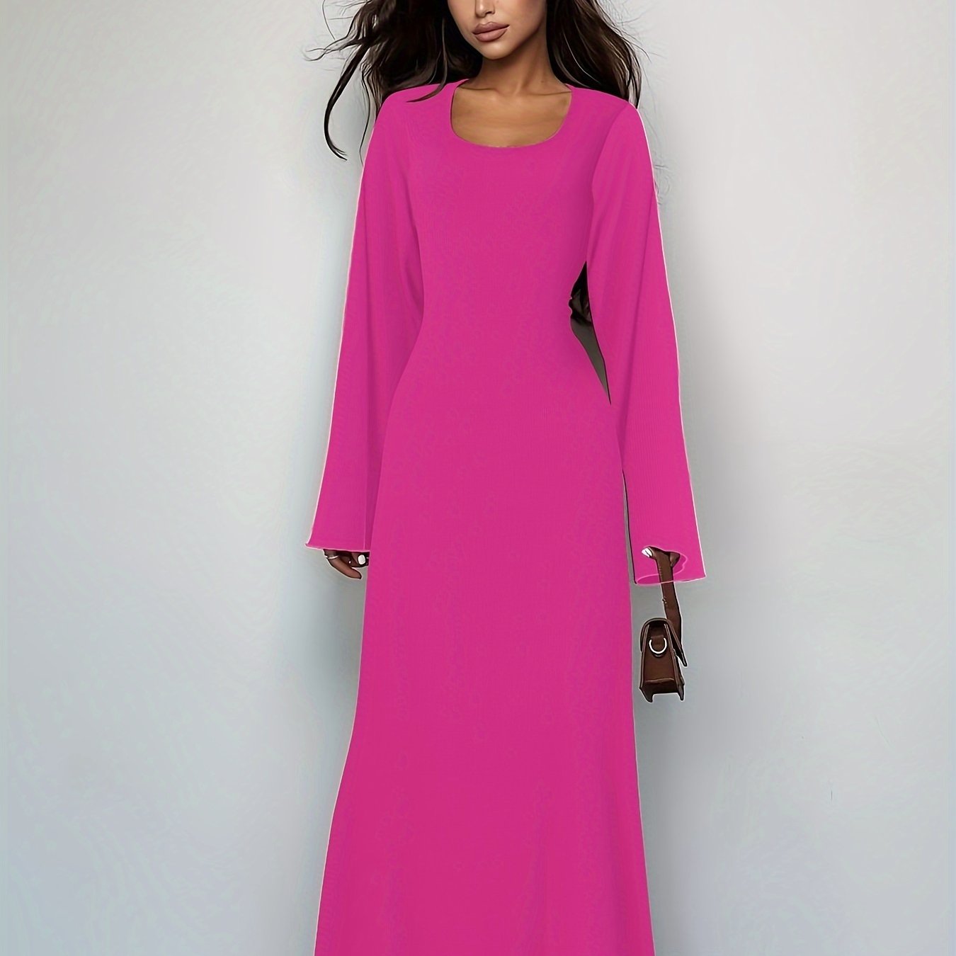 Antmvs Solid Tie Back U Neck Dress, Elegant Long Sleeve Maxi Dress, Women's Clothing