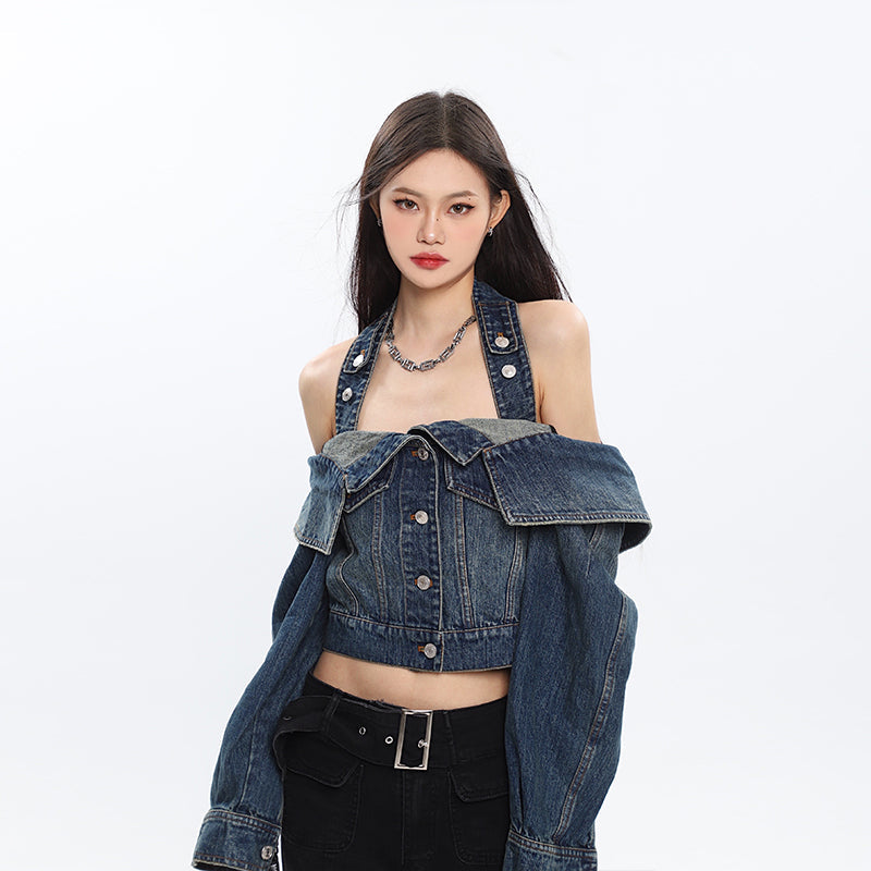 Antmvs Seanna Denim Blue Spice Neck Off-the-Shoulder Halter Loose Cropped Jacket Top