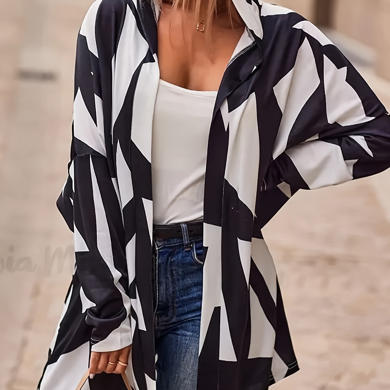 Antmvs Plus Size Casual Coat, Women's Plus Colorblock Geometric Print Long Sleeve Hooded Cardigan