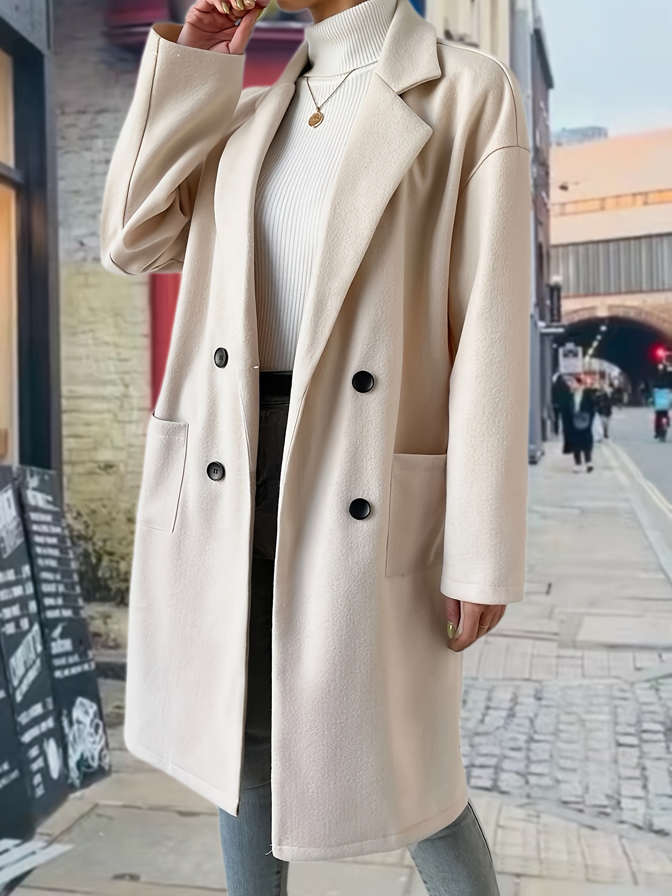 Antmvs Double Breasted Solid Overcoat, Elegant Lapel Long Sleeve Outerwear, Women's Clothing