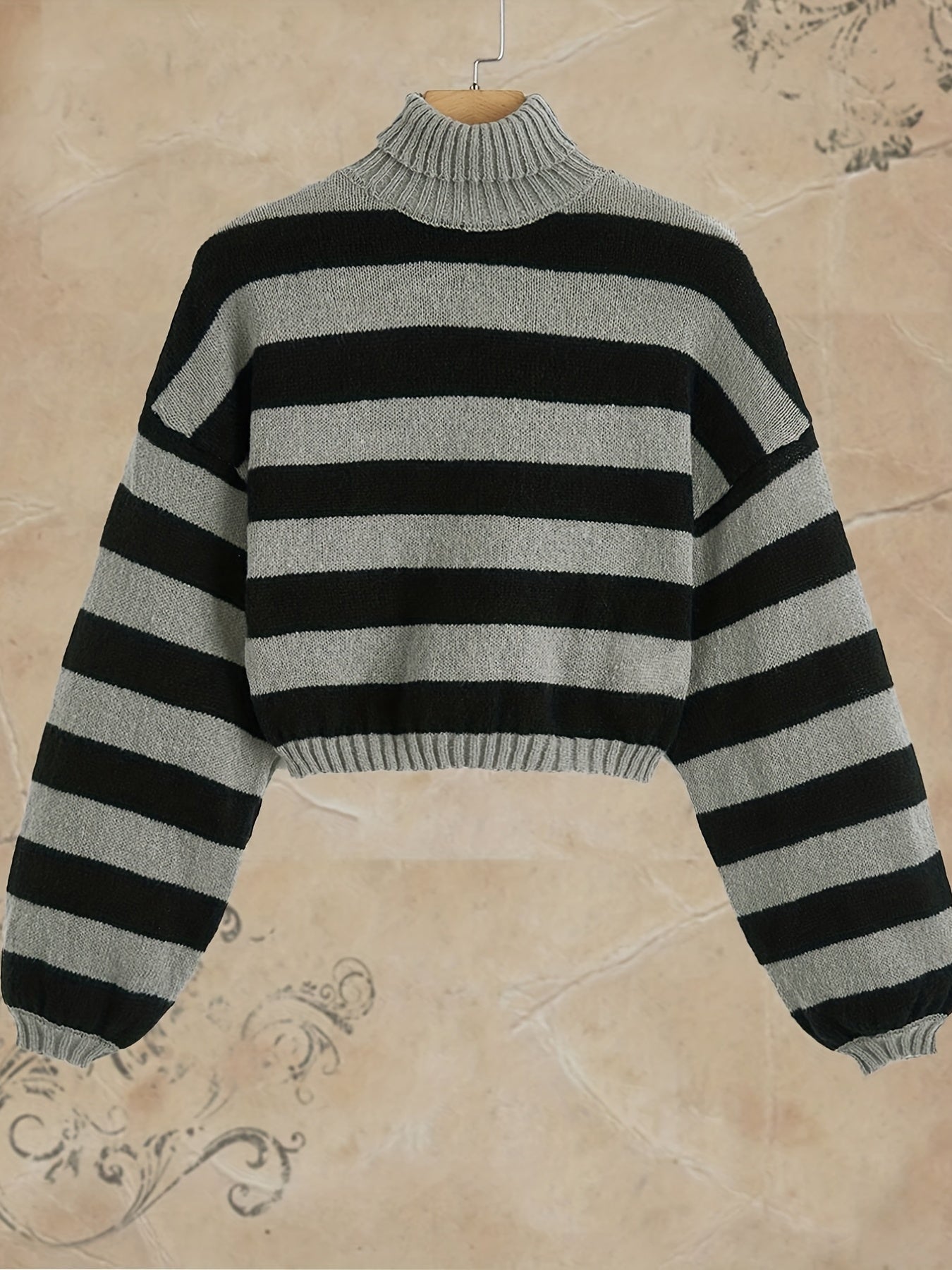 Antmvs Plus Size Y2K Sweater, Women's Plus Striped Long Sleeve Turtle Neck Medium Stretch Pullover Jumper