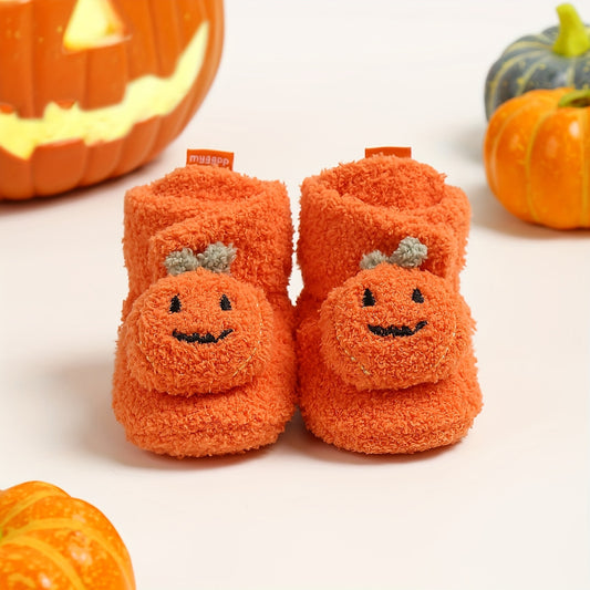 Myggpp Halloween Pumpkin Cartoon Baby Shoes, Soft Sole Walking Boots For Boys And Girls - Casual/Cute/Street Style, Solid Color, All-Season, Vacation/Daily/Party, Hook-and-loop Fastener Closure, Round Toe, Ankle High, Fabric Upper & Lining, Non-Slip Sole,