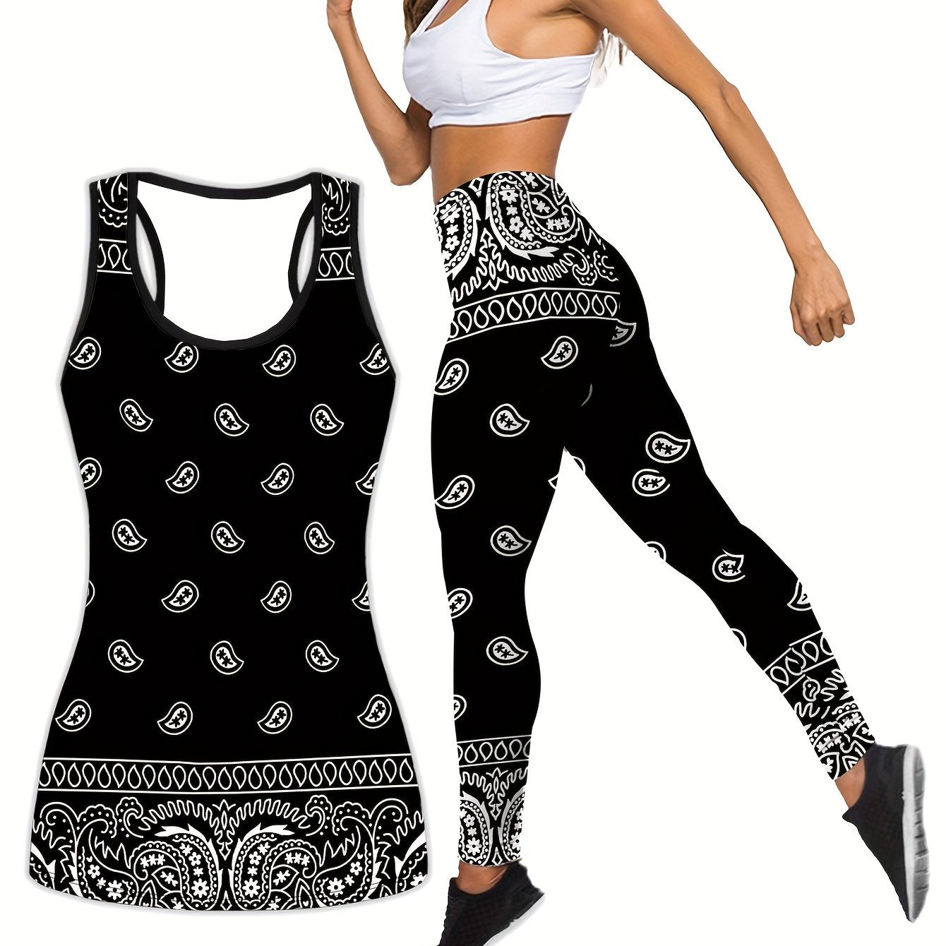 Plus Size Two Piece Sports Outfits Set - Women's Boho Chic Paisley Print Racer Back Tank Top & Leggings for Yoga, Running, Fitness, and Active Wear with Slight Stretch