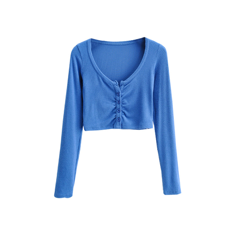 Antmvs Kiara Solid Color Ribbed Button Up Long Sleeve Slim Cropped Top