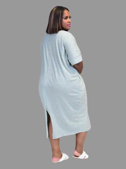 Antmvs Plus Size Figure & Letter Print Short Sleeve Tee Dress, Women's Plus Slight Stretch Casual Tee Dress