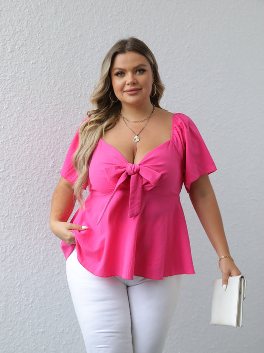 Antmvs Plus Size Elegant Top, Women's Plus Solid Bow Knot Short Sleeve Sweetheart Neck Shirred Back Peplum Top