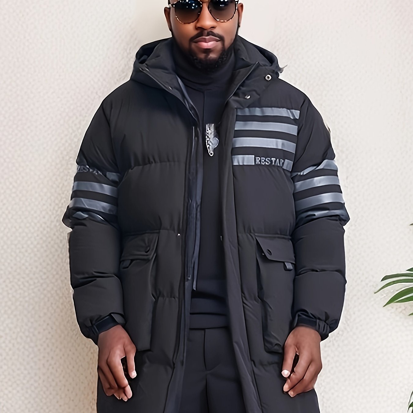 Plus Size Men's Stripes Print Puffer Jacket With Hood Thick Warm Midi Jacket Windbreaker For Fall Winter, Men's Clothing