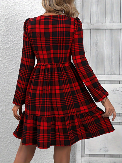 Antmvs Plaid Pattern Square Neck Dress, Vintage Lantern Sleeve Dress For Spring & Fall, Women's Clothing