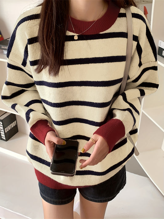 Antmvs Color Block Striped Pullover Sweater, Casual Long Sleeve Crew Neck Sweater For Fall & Winter, Women's Clothing