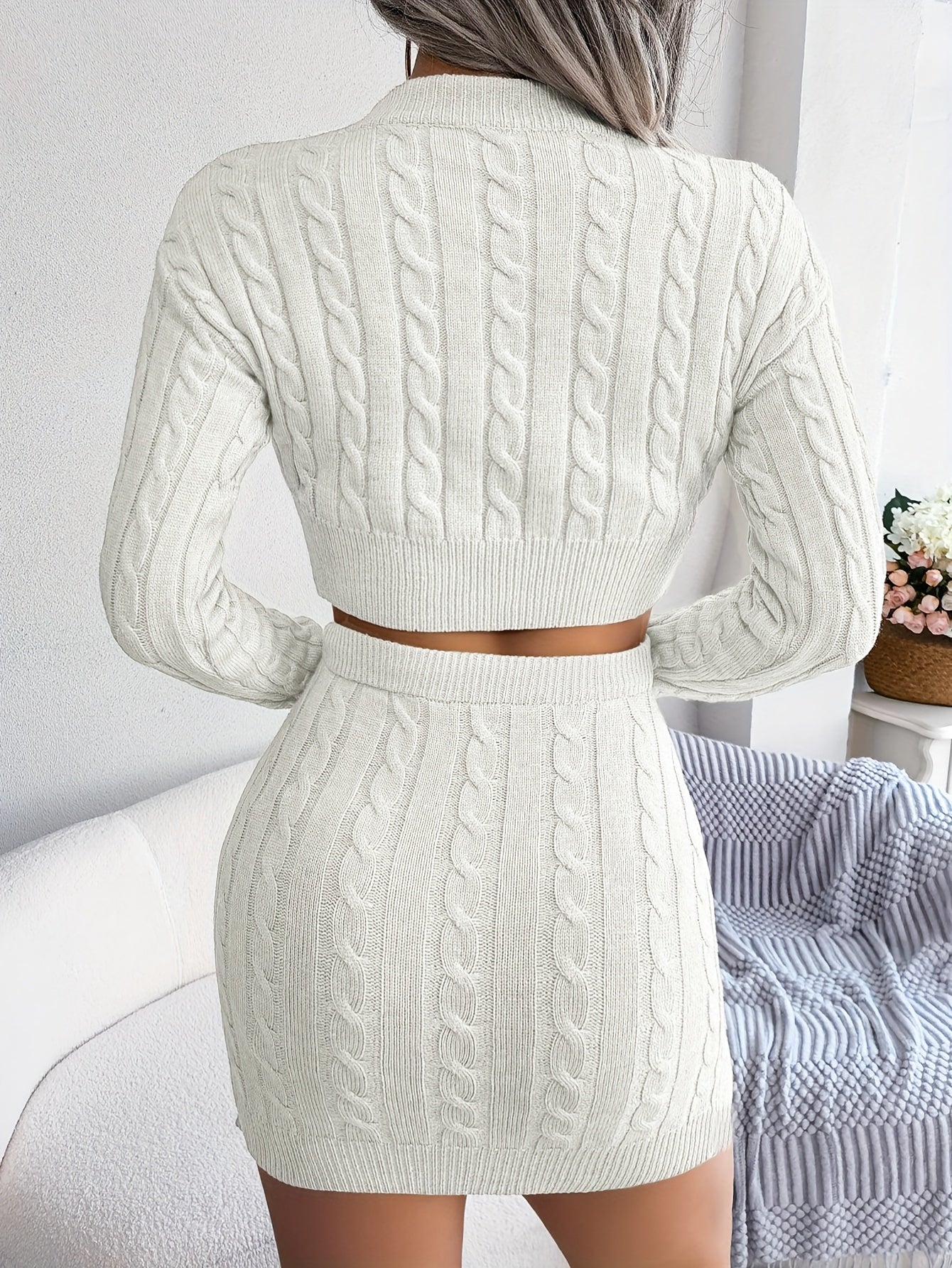 Antmvs Cable Knit Solid Two-piece Set, Crew Neck Long Sleeve Sweater & Bag Hip Skirts Outfits, Women's Clothing