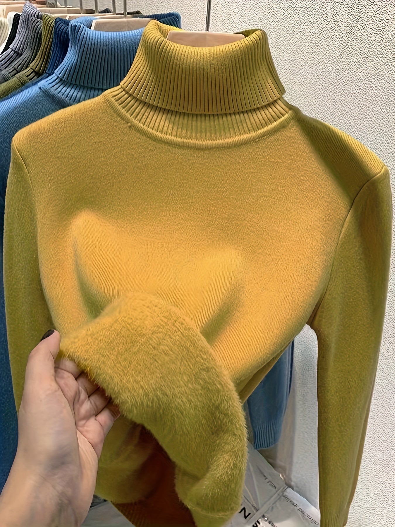 Antmvs Solid Turtle Neck Fleece Pullover Sweater, Elegant Long Sleeve Slim Thermal Sweater, Women's Clothing