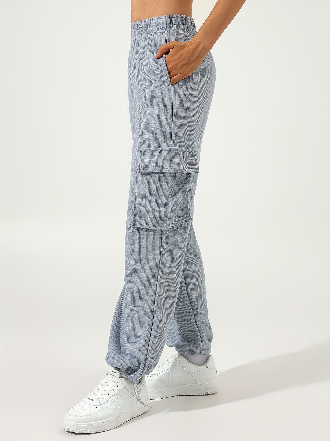 Antmvs Waffle Casual Sports Elastic Waist Sweatpants, Multi-pocket High Waist Solid Color Joggers Pants, Women's Athleisure