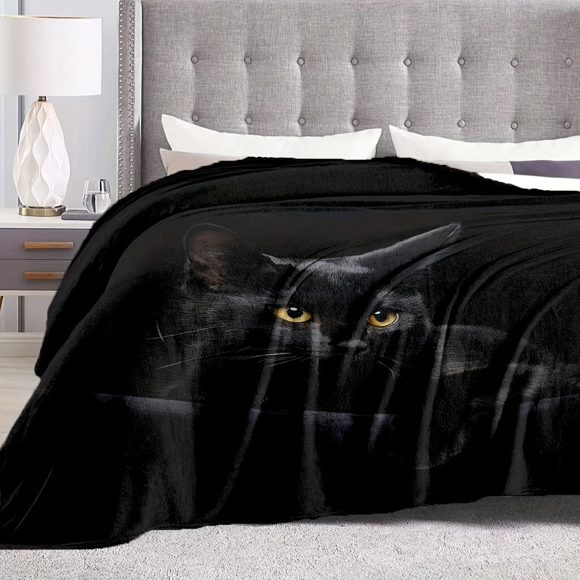 1pc Black Cat Fleece Throw Blanket, Digital Print Flannel For Air Conditioning, Soft And Cozy, Pet Lovers Home Decor For Halloween