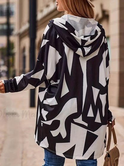 Antmvs Plus Size Casual Coat, Women's Plus Colorblock Geometric Print Long Sleeve Hooded Cardigan