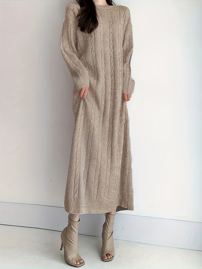 Antmvs Cable Knit Maxi Dress, Elegant Crew Neck Long Sleeve Dress, Women's Clothing