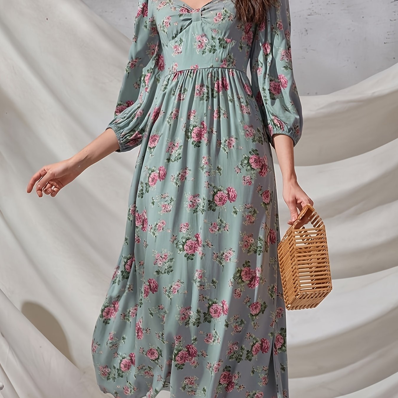 Antmvs Floral Print Squared Neck 3/4 Sleeve Dress, Elegant High Waist Ruffled Hem Maxi Dress, Women's Clothing