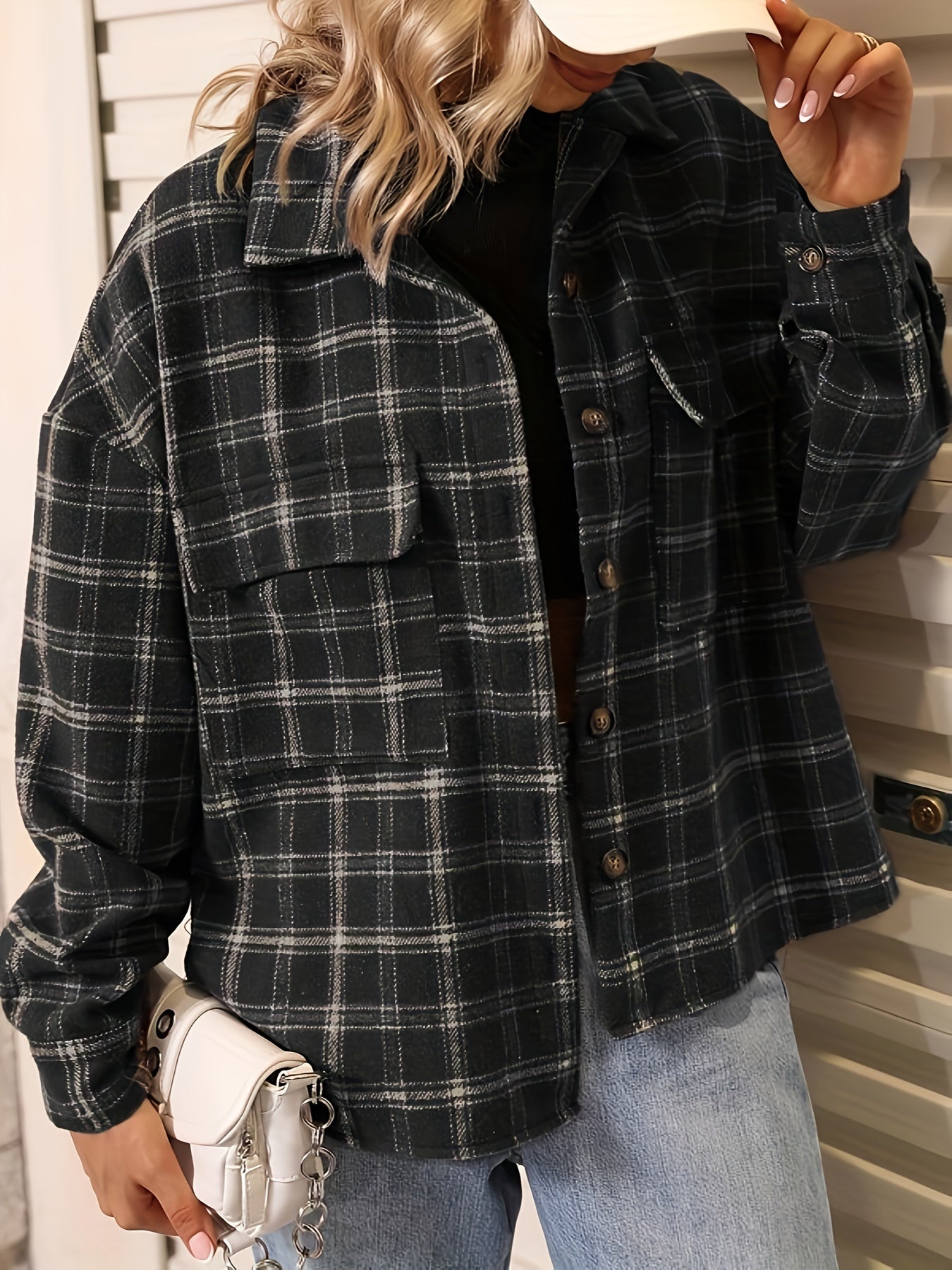 Antmvs Plus Size Casual Jacket, Women's Plus Plaid Print Long Sleeve Button Up Lapel Collar Jacket With Pockets