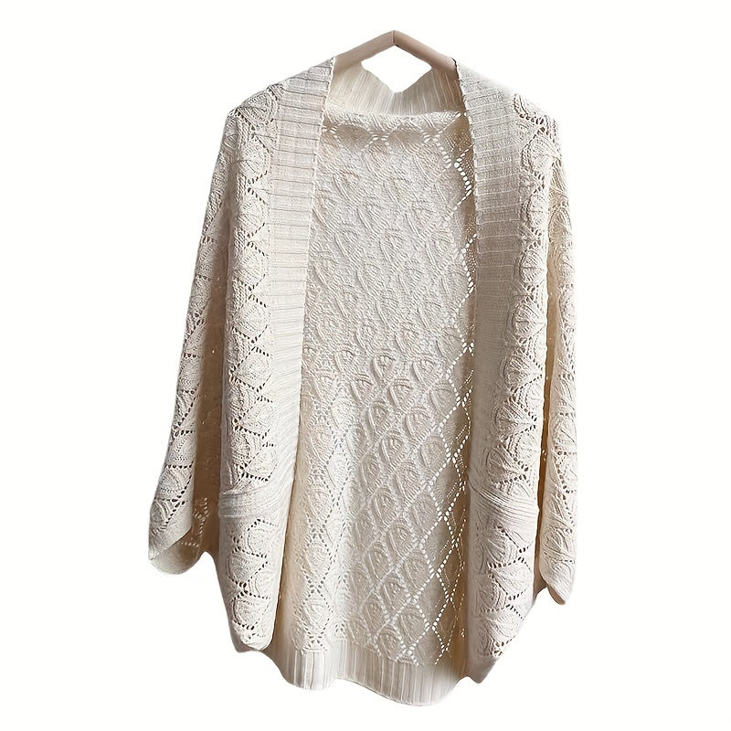 Antmvs Hollow Out Knitted Cardigan Solid Color Elegant Outwear Shawl Casual Outdoor Wrap For Women