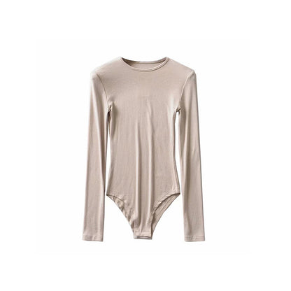 Antmvs Willy Solid Color Ribbed Round Neck Slim Long Sleeve Cropped Bodysuit Top