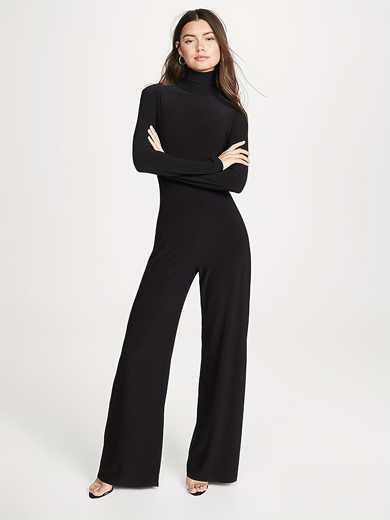 Antmvs Mock Neck Wide Leg Jumpsuit, Casual Long Sleeve Jumpsuit For Spring & Fall, Women's Clothing