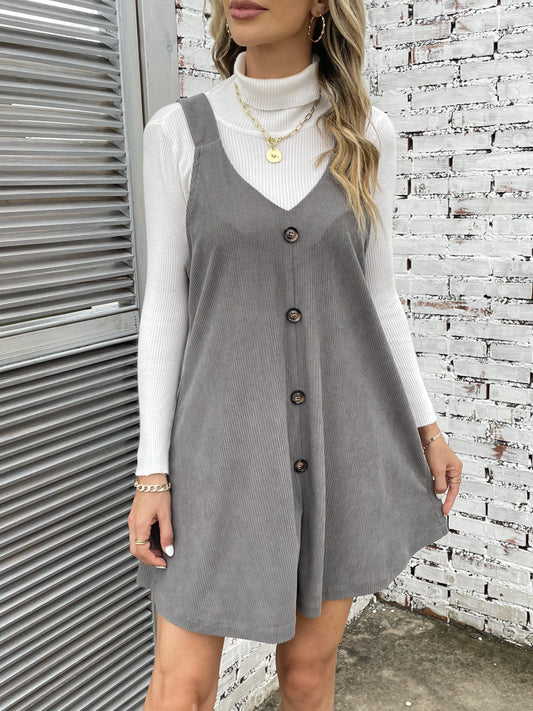 Antmvs Button Front Solid Overall Dress, Casual Sleeveless V Neck Dress, Women's Clothing