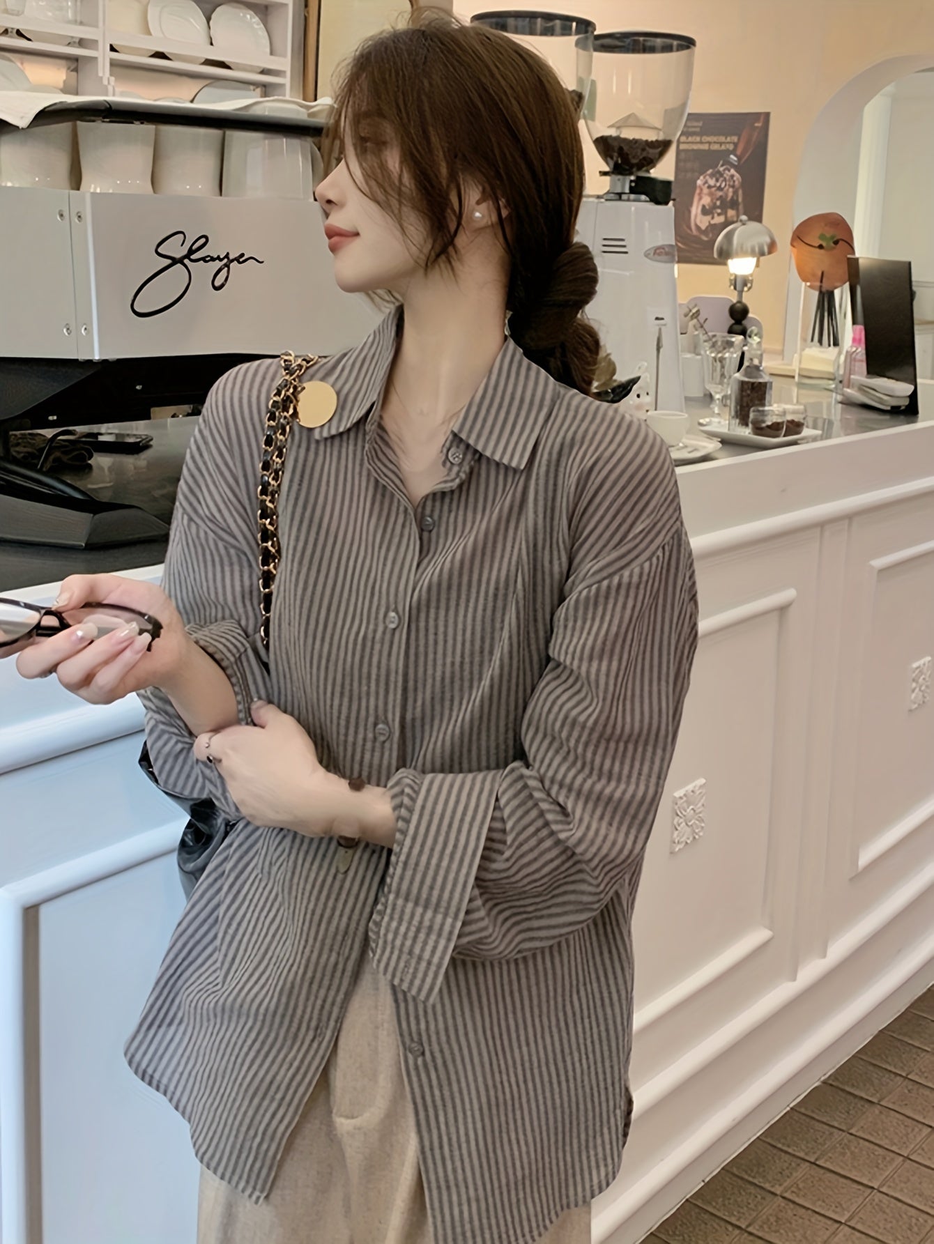 Antmvs Stripe Print Polo Collar Button Shirt, Casual Long Sleeve Shirt For Spring & Fall, Women's Clothing