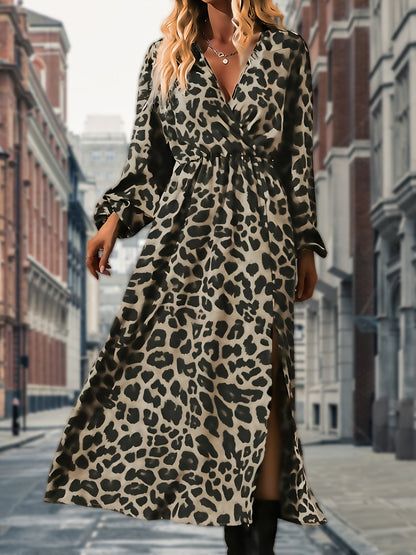 Antmvs Leopard Print V Neck Dress, Boho Lantern Sleeve Split Dress, Women's Clothing