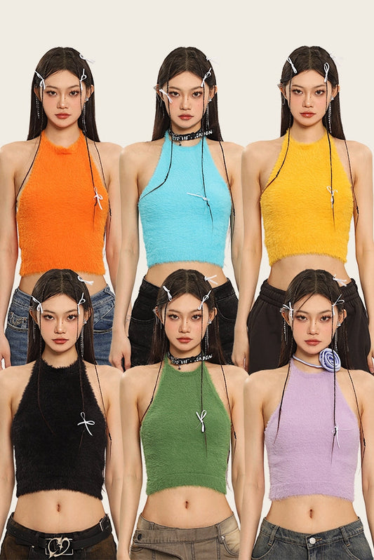 Antmvs Ilas Solid Color Halter Fluff Slim Cropped Top