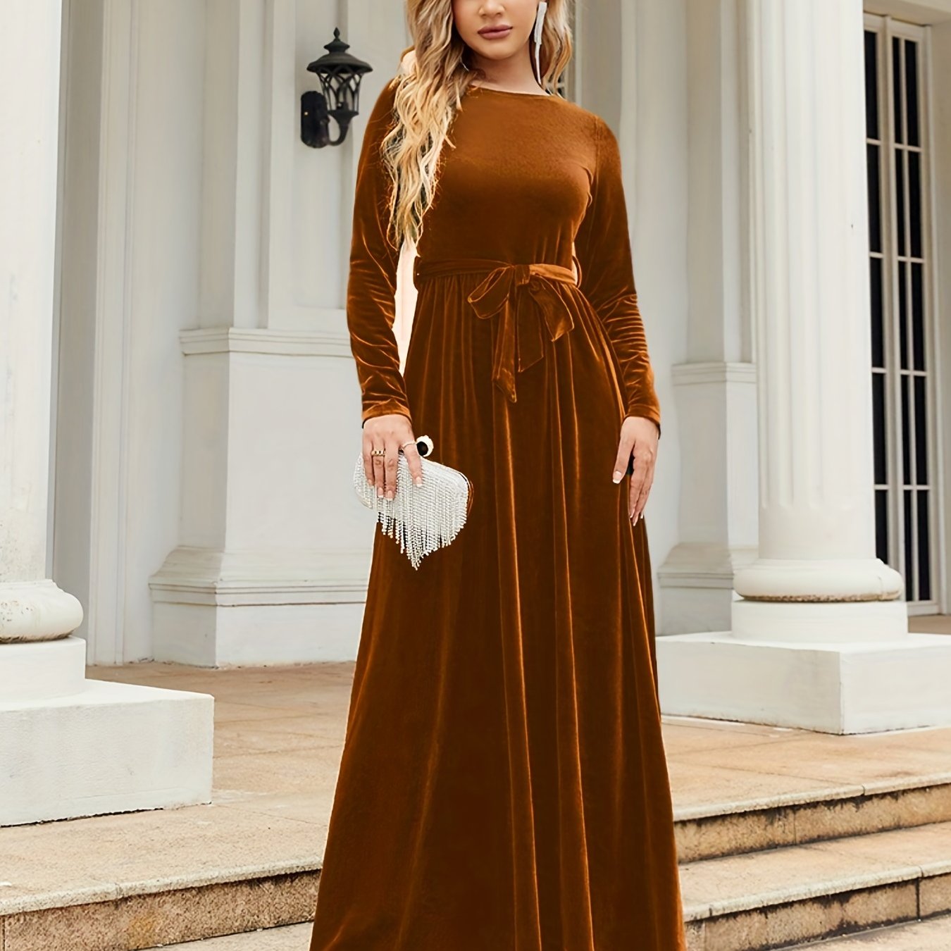 Antmvs Solid Belted Ankle Dress, Elegant Boat Neck Long Sleeve Dress, Women's Clothing