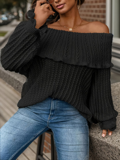 Antmvs Plus Size Casual Sweater, Women's Plus Solid Long Sleeve Off Shoulder Layered Jumper