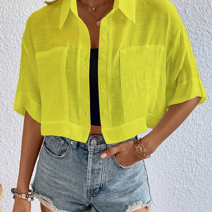 Antmvs  Versatile Crop Shirt, Button Down Short Sleeve Shirt, Casual Every Day Tops, Women's Clothing