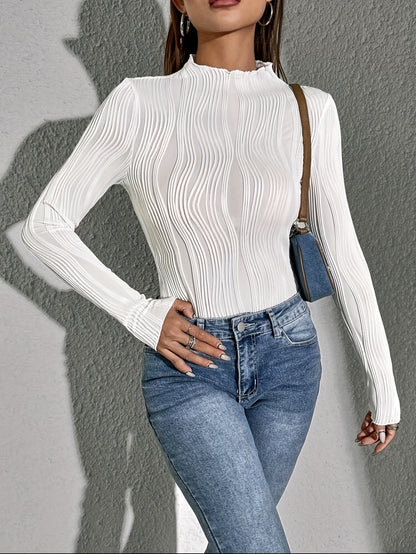 Antmvs Textured Mock Neck T-Shirt, Casual Long Sleeve Top For Spring & Fall, Women's Clothing