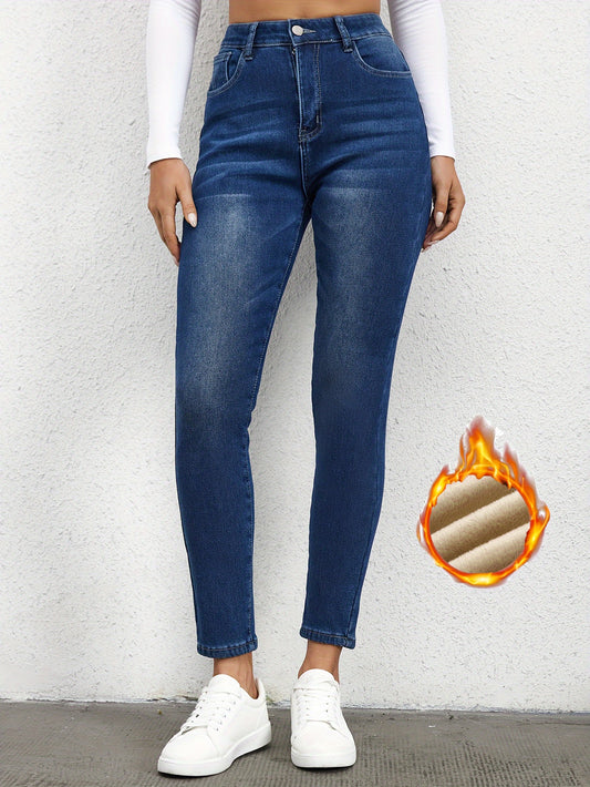 Antmvs Blue Fleece Liner Skinny Jeans, Slim Fit Mid-Stretch Keep Warm Casual Denim Pants, Women's Denim Jeans & Clothing