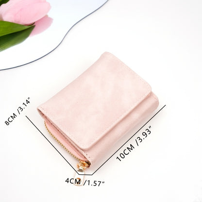 Snap Button Small Wallet, Cute Fold Faux Leather Wallet With Card Slots & Zipper Pocket