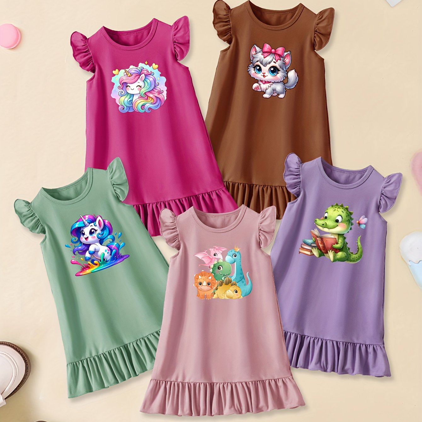 5pcs Cartoon-Themed Graphic Print Crew Neck Ruffle Sleeve Dresses Set for Girls - Soft Knitted Fabric, Slight Stretch, Regular Fit, Trendy Casual Style for Summer Fun