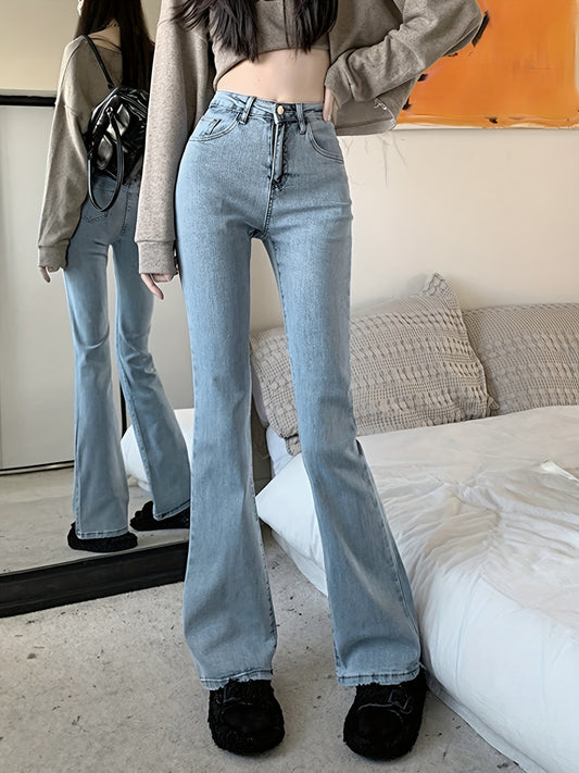 Antmvs High Waist Washed Flare Jeans, Slim Fitted Slant Pocket Stylist Denim Pants, Women's Denim Jeans & Clothing