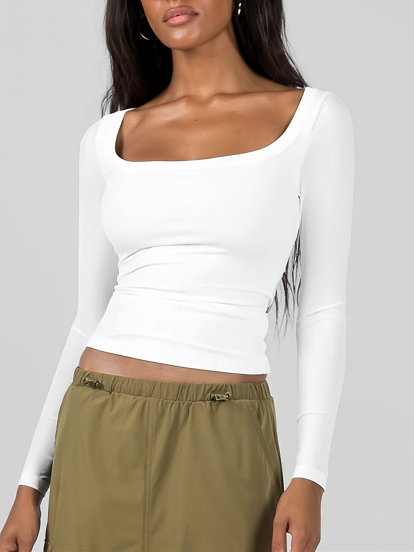 Antmvs Solid Scoop Neck T-Shirt, Casual Long Sleeve Top For Spring & Fall, Women's Clothing