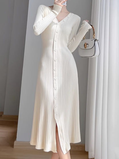 Antmvs Button Front Ribbed Dress, Elegant V Neck Long Sleeve Dress, Women's Clothing