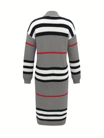 Antmvs Striped Pattern Open Front Cardigan, Casual Long Sleeve Long Length Cardigan For Fall & Winter, Women's Clothing