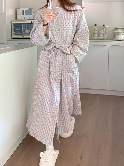 Casual Chic Plaid Print Long Sleeve V Neck Belted Robe with Pockets - Women's Loungewear & Dresses - Soft, Cozy, and Stylish Lounging Essential for Relaxation