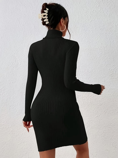 Antmvs Split Turtleneck Bodycon Dress, Elegant Solid Long Sleeve Dress, Women's Clothing