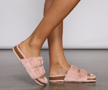 Antmvs Double Buckle Faux Fur Slippers