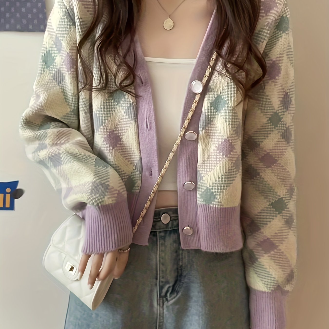 Antmvs Plaid Button Down Knit Cardigan, Casual V Neck Long Sleeve Sweater, Women's Clothing