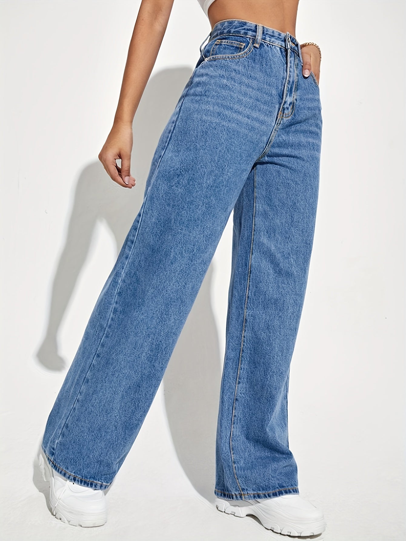 Antmvs High Waist Versatile Straight Jeans, Loose Fit Slant Pockets Denim Pants, Women's Denim Jeans & Clothing