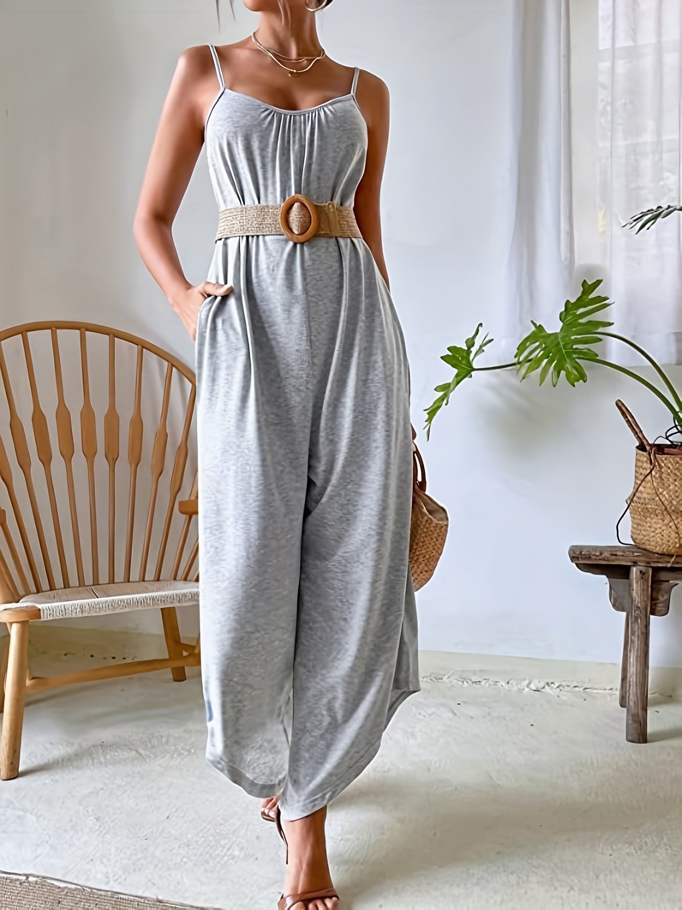 Antmvs Solid Spaghetti Wide Leg Jumpsuit, Casual Backless Sleeveless Jumpsuit For Summer, Women's Clothing