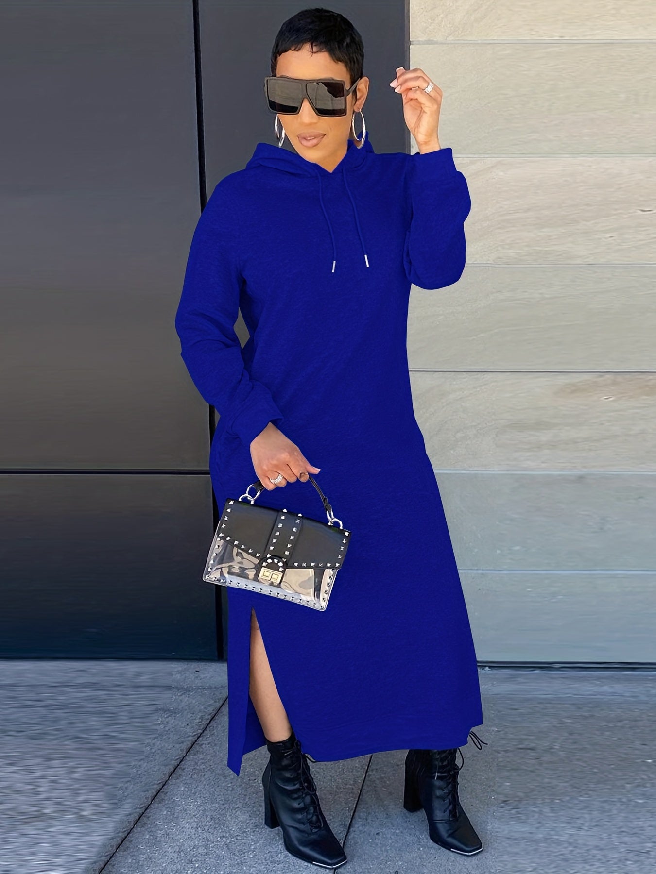 Antmvs Drawstring Split Dress, Casual Hooded Long Sleeve Maxi Dress, Women's Clothing