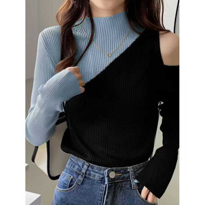 Antmvs Color Block Pullover Sweater, Casual Cold Shoulder Mock Neck Long Sleeve Top, Women's Clothing