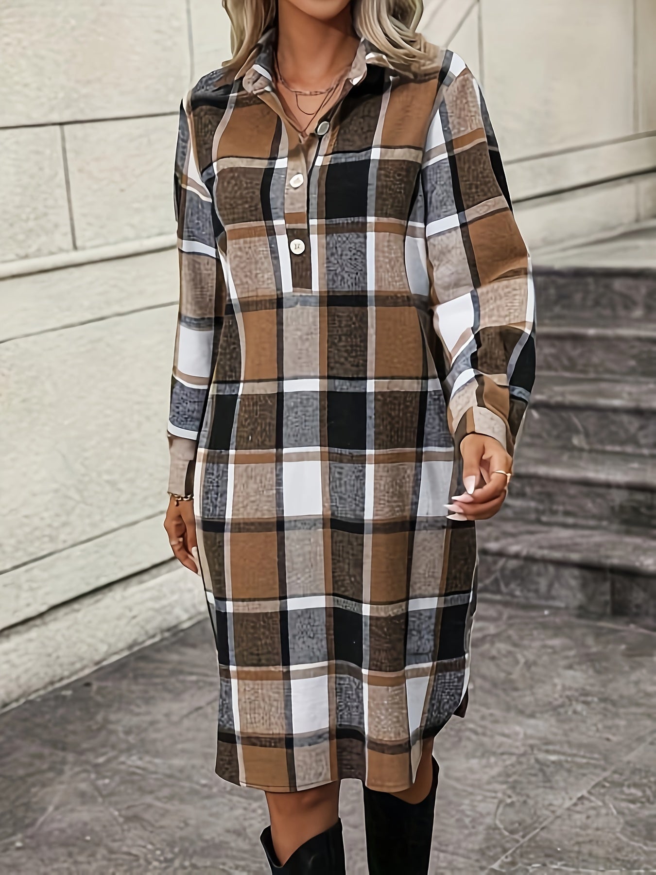 Antmvs Plaid Print Cuff Sleeve Button Dress, Casual Lapel Neck Dress For Spring & Fall, Women's Clothing