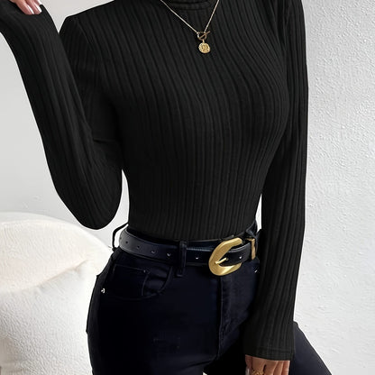 Antmvs Ribbed Solid Turtleneck T-Shirt, Casual Long Sleeve Top For Spring & Fall, Women's Clothing