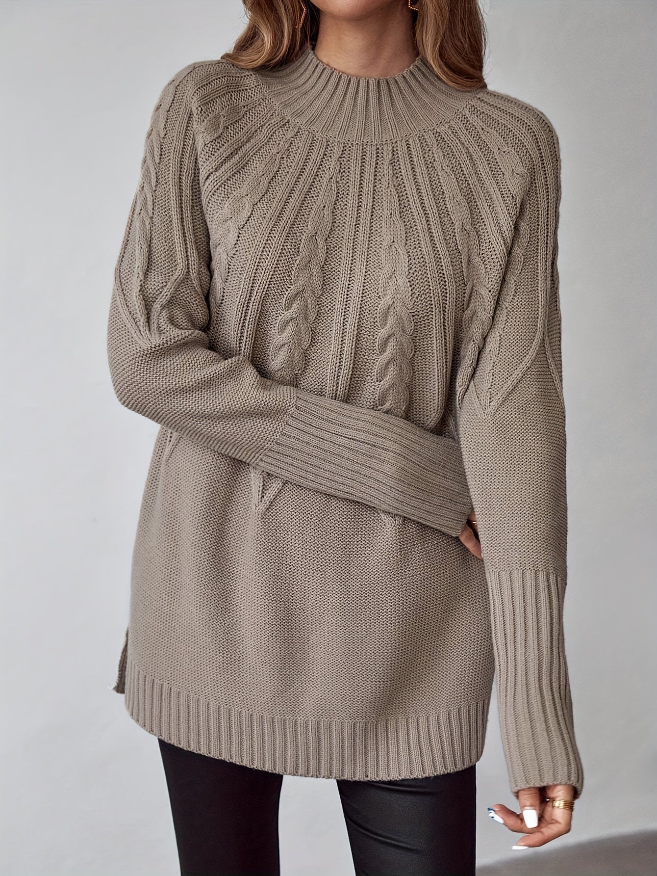 Antmvs Solid Mock Neck Cable Knit Sweater, Casual Long Sleeve Split Pullover Sweater, Women's Clothing